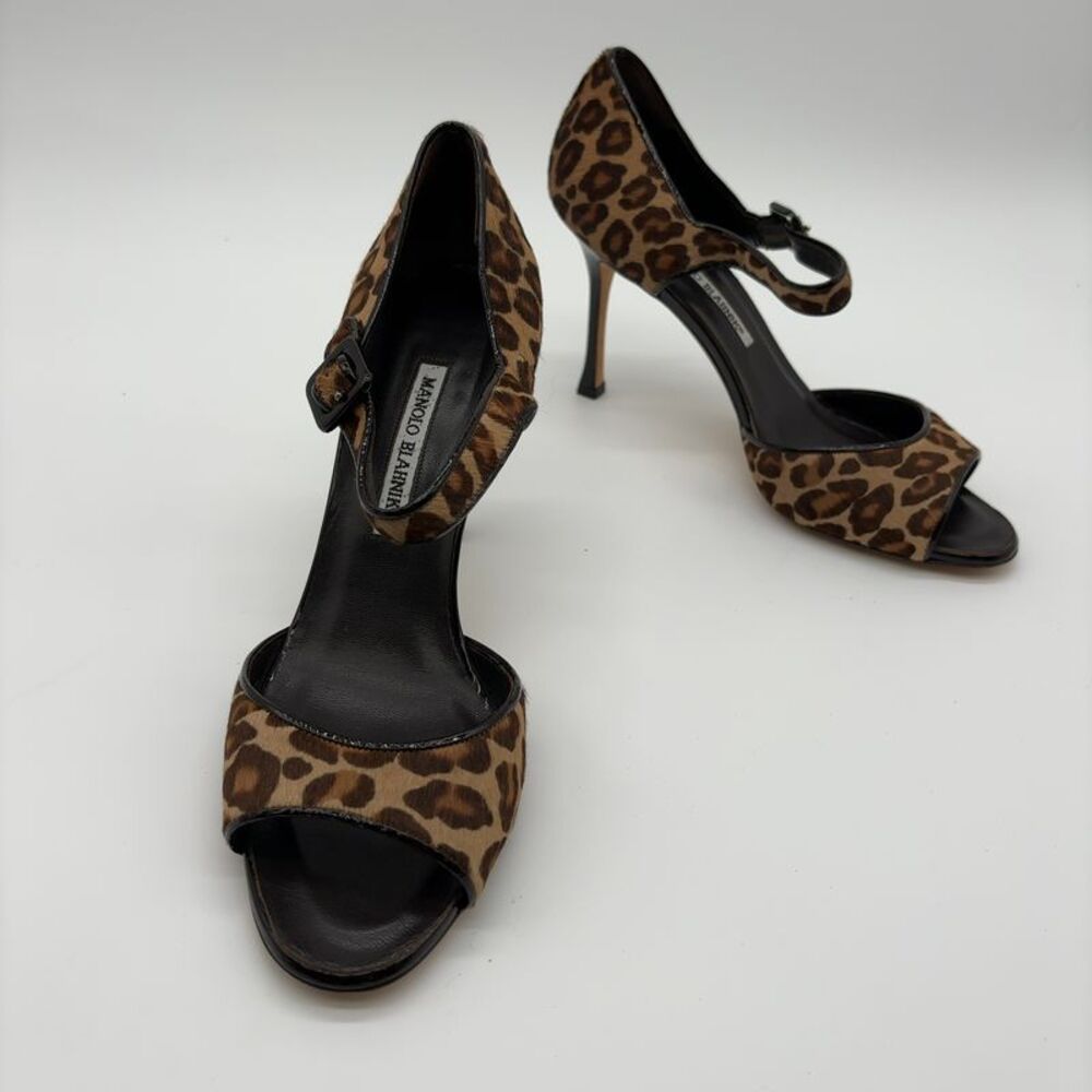 Manolo Blahnik Ponyhair Animal Print T-Strap Open Toe Heels
